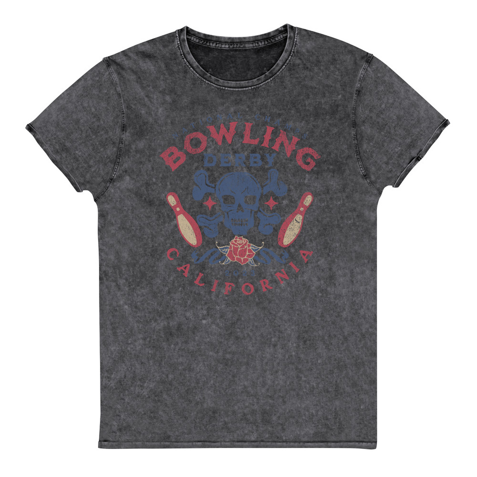 Bowling Derby Champs - Grunge Skull Unisex Denim T-Shirt