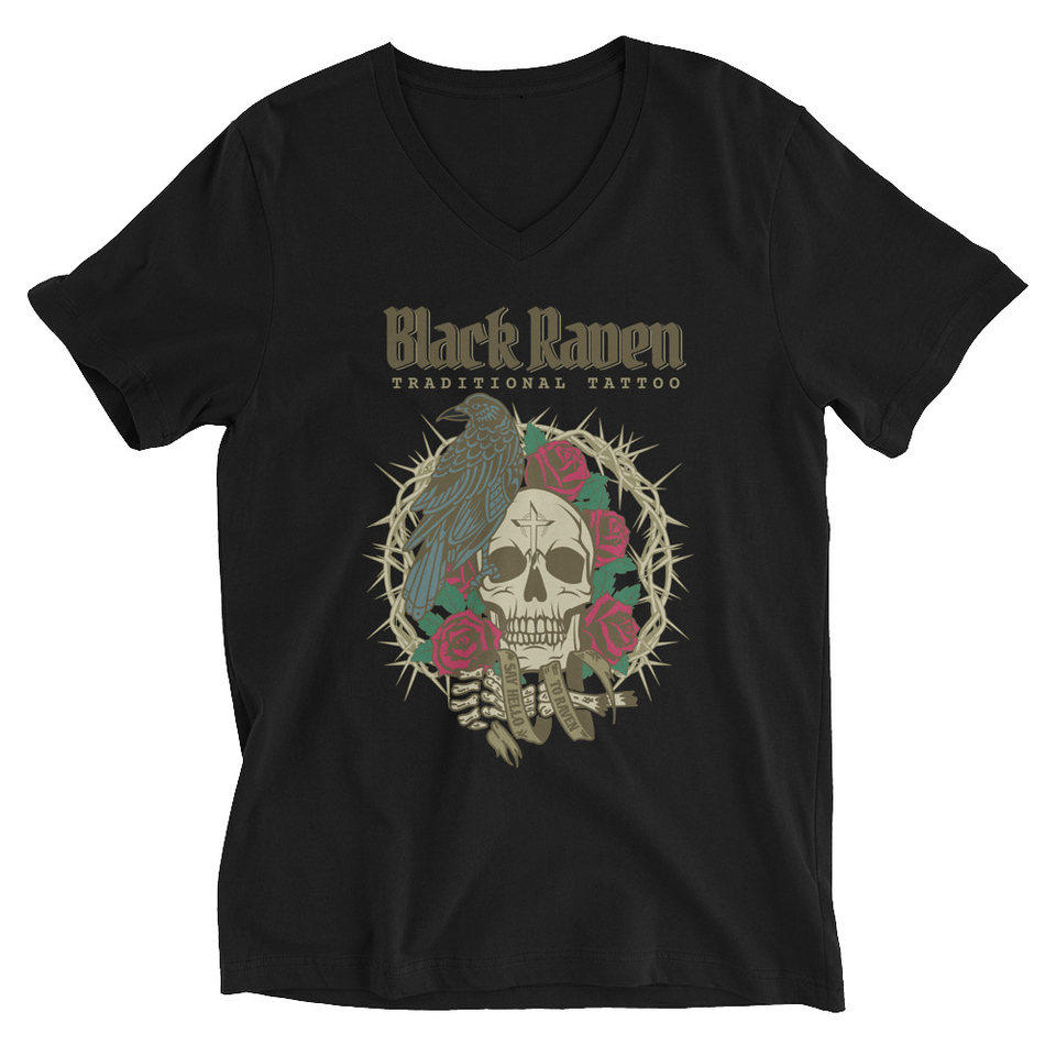 Black Raven Tattoo - Skull & Thorns Unisex V-Neck Tee