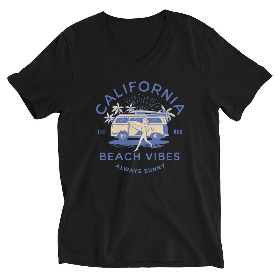 California Beach Vibes - Retro Camper Van Unisex V-Neck Tee