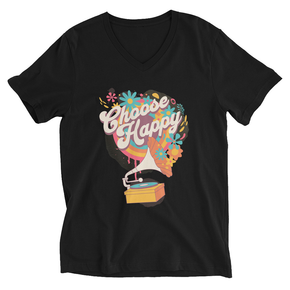 Choose Happy - Retro Music Unisex V-Neck Tee