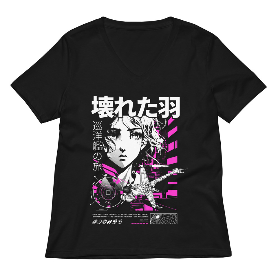 Anime Broken Wings - Neon Japanese Style Women's Relaxed V-Neck T-Shirt