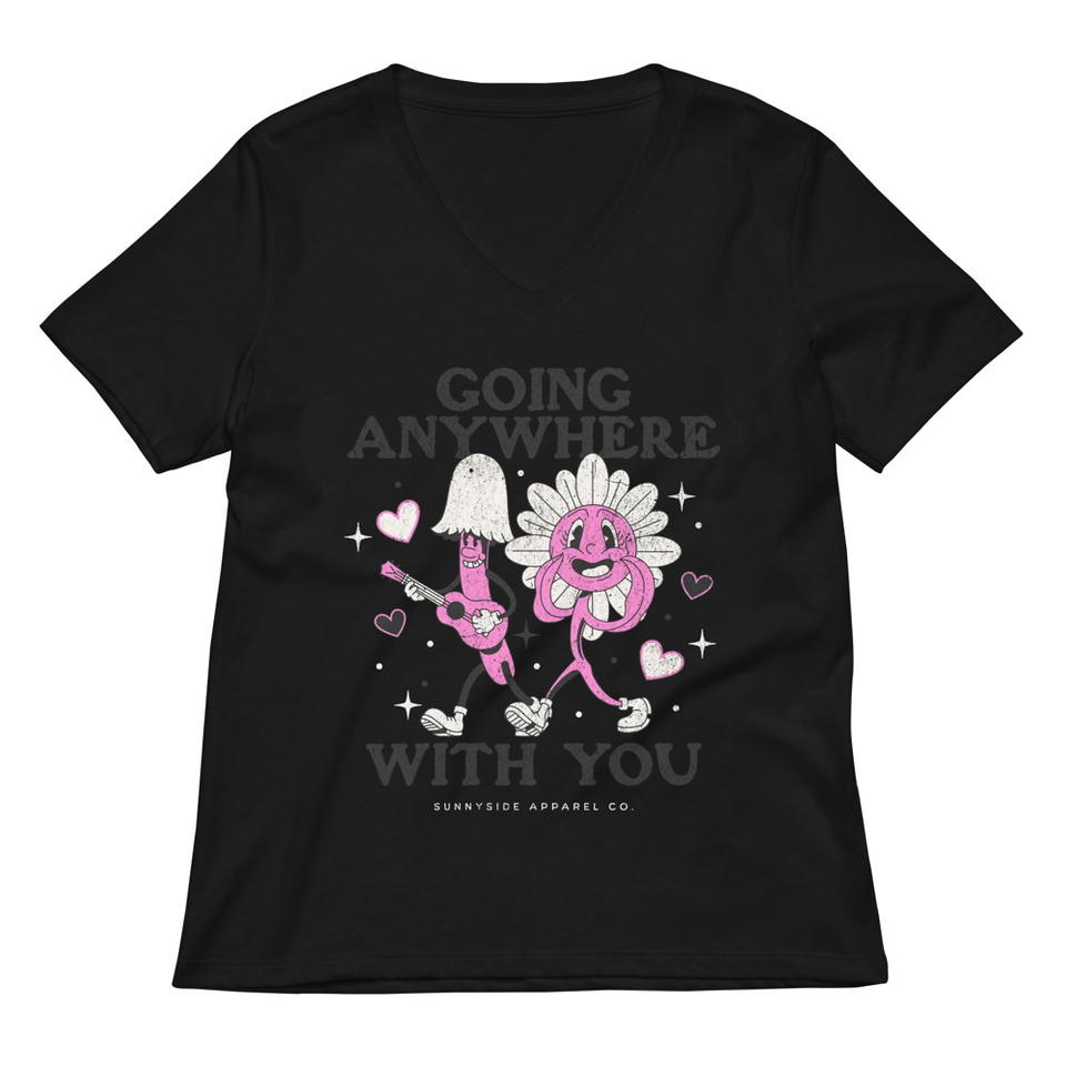 Anywhere With You - Typographic Cartoon Streetwear Women's Relaxed V-Neck T-Shirt