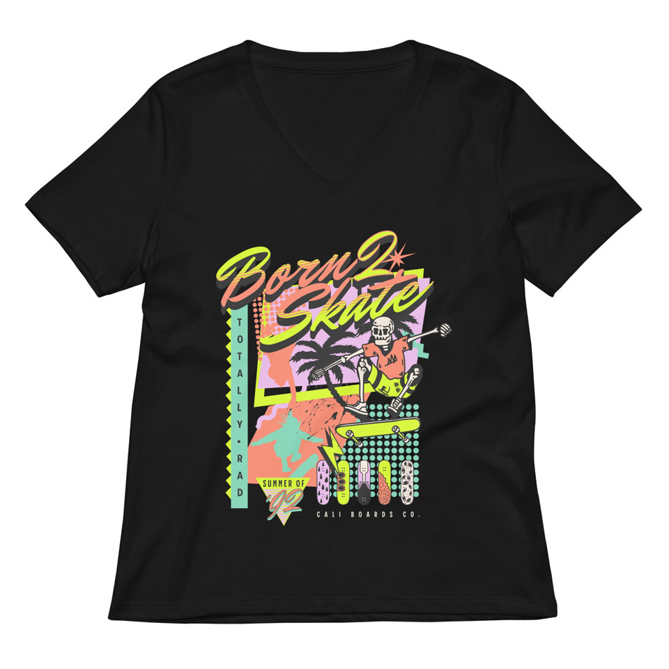 Born 2 Skate - Retro Skeleton Women's Relaxed V-Neck T-Shirt
