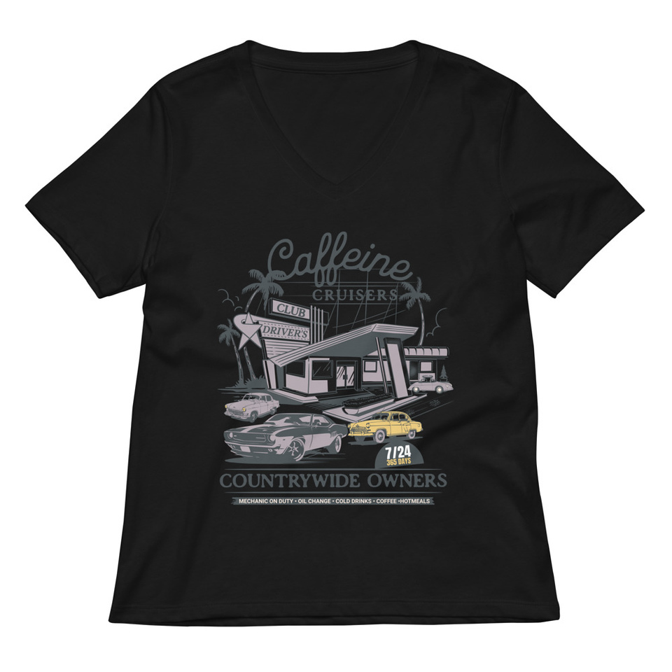 Caffeine Cruisers Women's Relaxed V-Neck T-Shirt