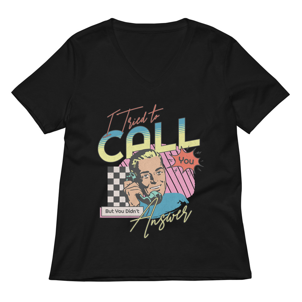 Classic Retro Illustrative Portrait Men Calling Women's Relaxed V-Neck T-Shirt