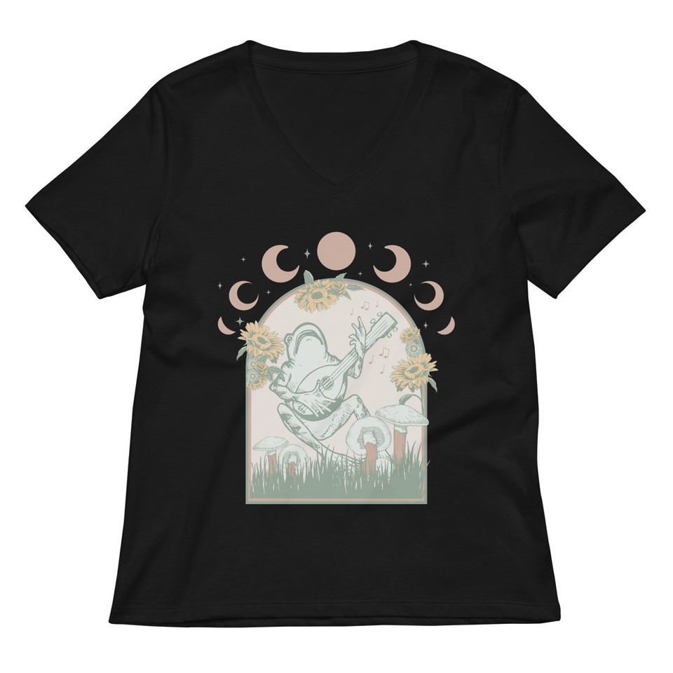 Cottagecore Frog Botanical Women's Relaxed V-Neck T-Shirt