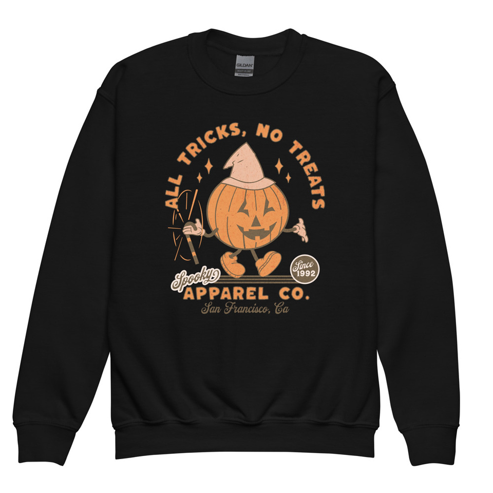 All Tricks No Treats - Pumpkin Mascot Youth Crew Neck Sweatshirt