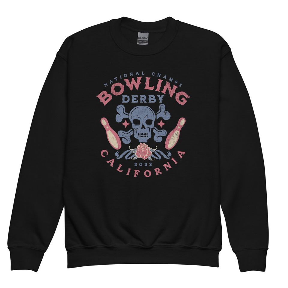 Bowling Derby Champs - Grunge Skull Youth Crew Neck Sweatshirt