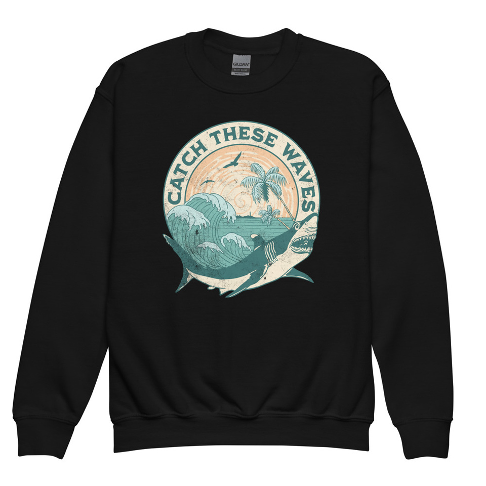 Catch These Waves Shark  Youth Crew Neck Sweatshirt
