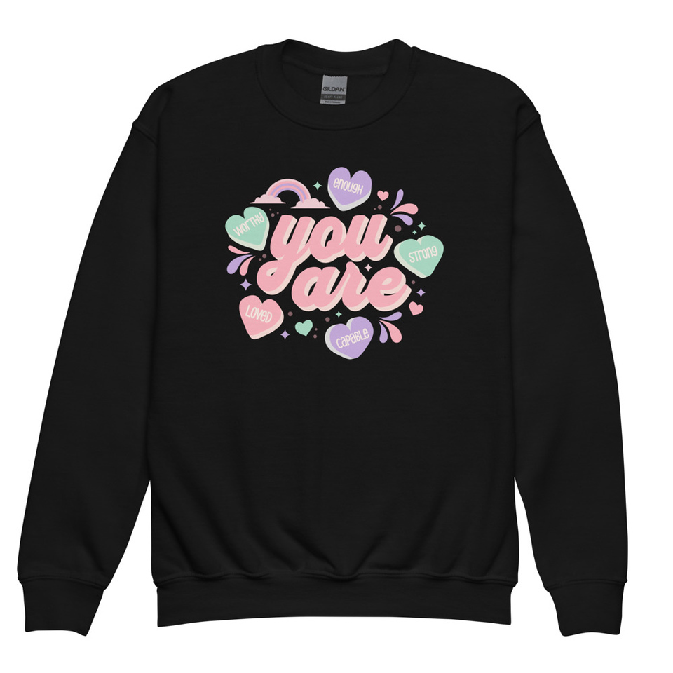 Colorful Self Love Affirmation - Heart Youth Crew Neck Sweatshirt