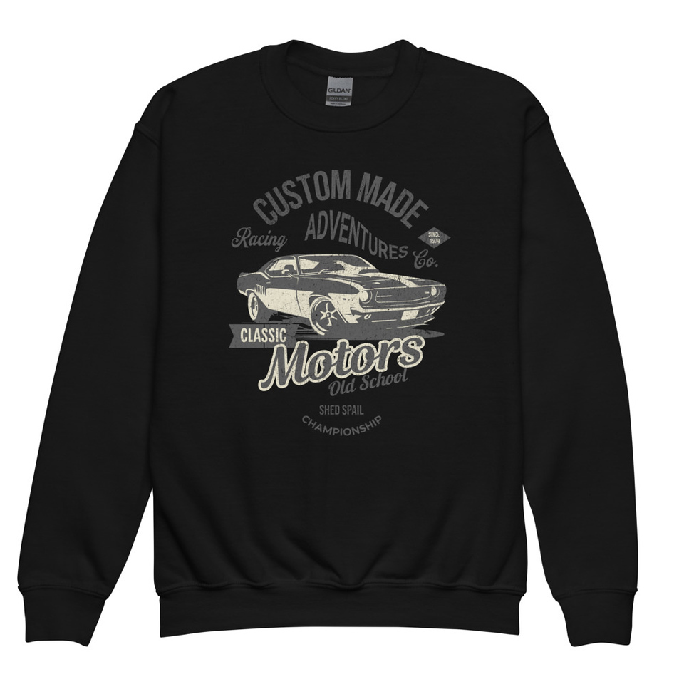 Custom Made Adventures Motors Old School Youth Crew Neck Sweatshirt