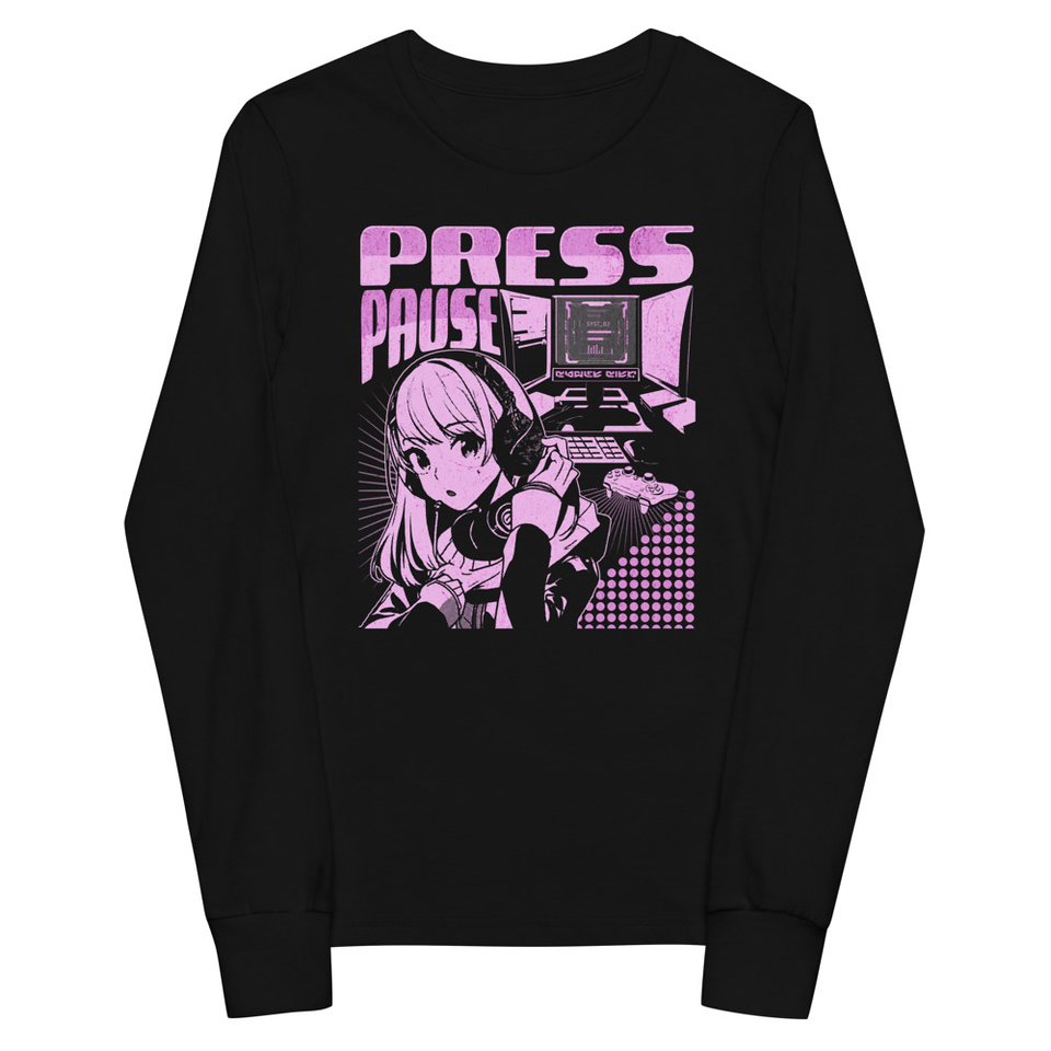 'Press Pause' Anime Gaming Youth Long Sleeve Tee