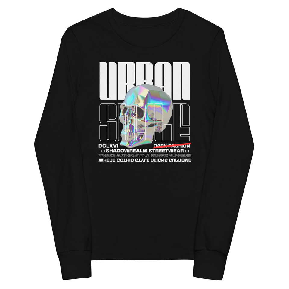 Black 3D Skull Youth Long Sleeve Tee