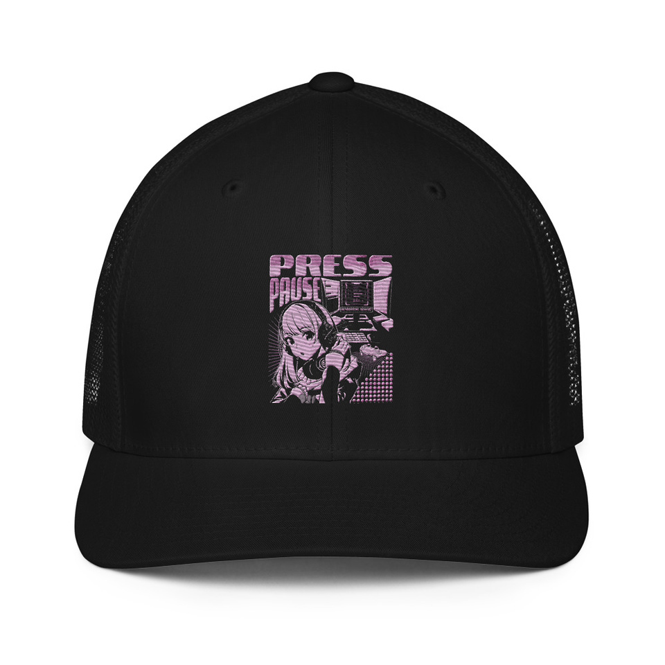 'Press Pause' Anime Gaming Closed-Back Trucker Cap