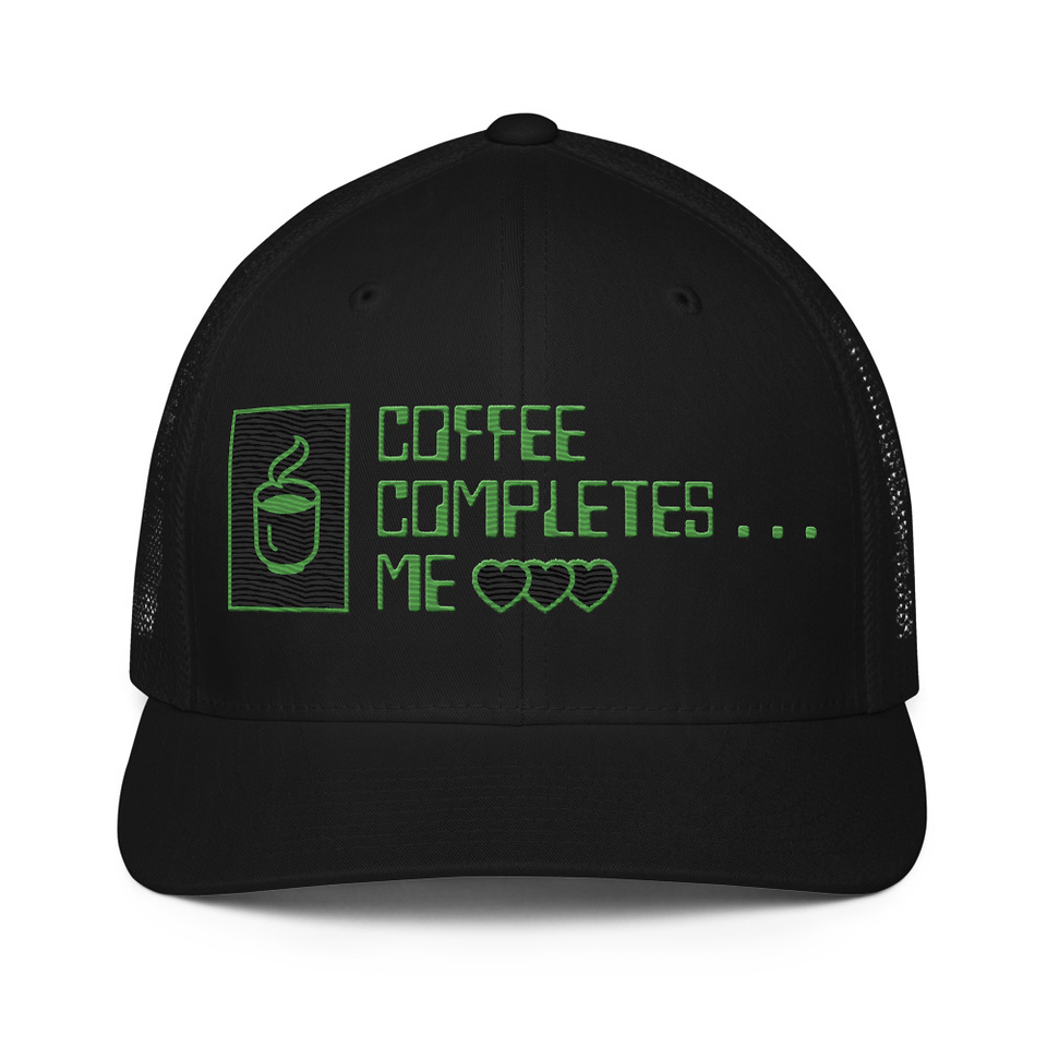 Coffee Completes Me - Neon Heart Closed-Back Trucker Cap