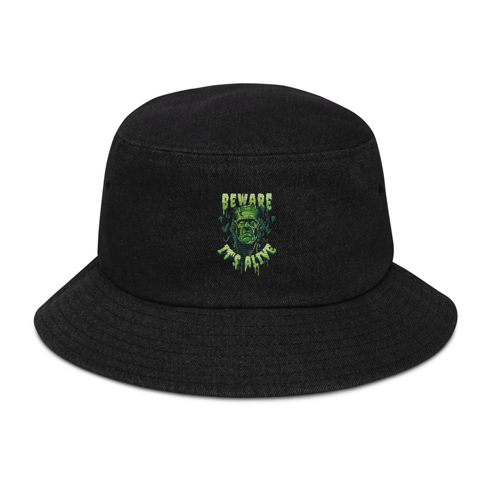 Beware of Frankenstein - Scary Halloween Denim Bucket Hat