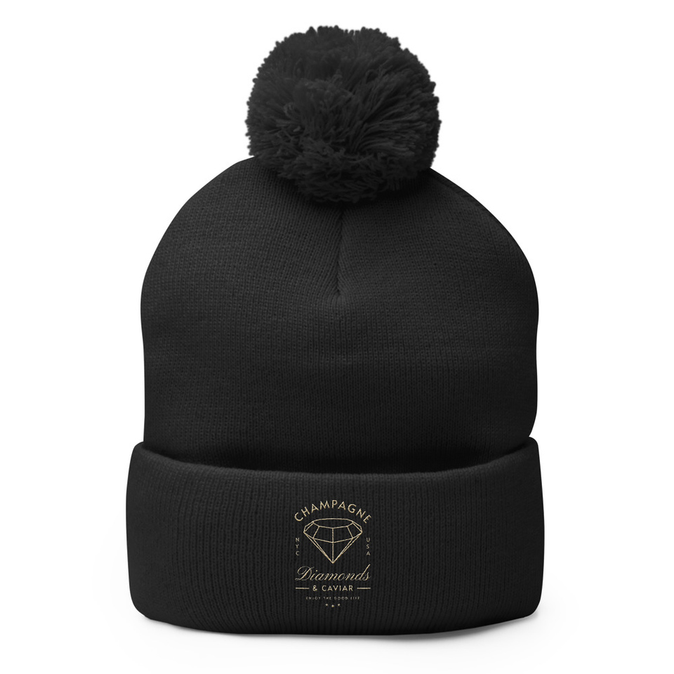 Black Diamonds - Elegant Pom-Pom Knit Cap