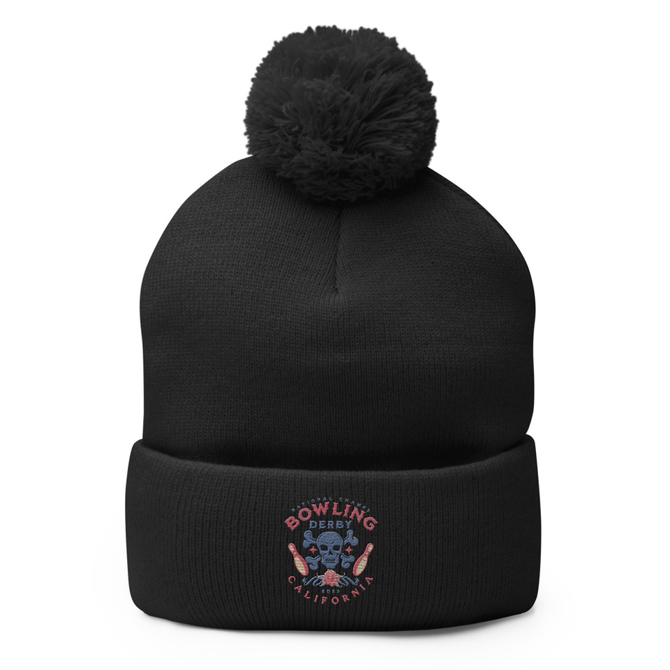 Bowling Derby Champs - Grunge Skull Pom-Pom Knit Cap