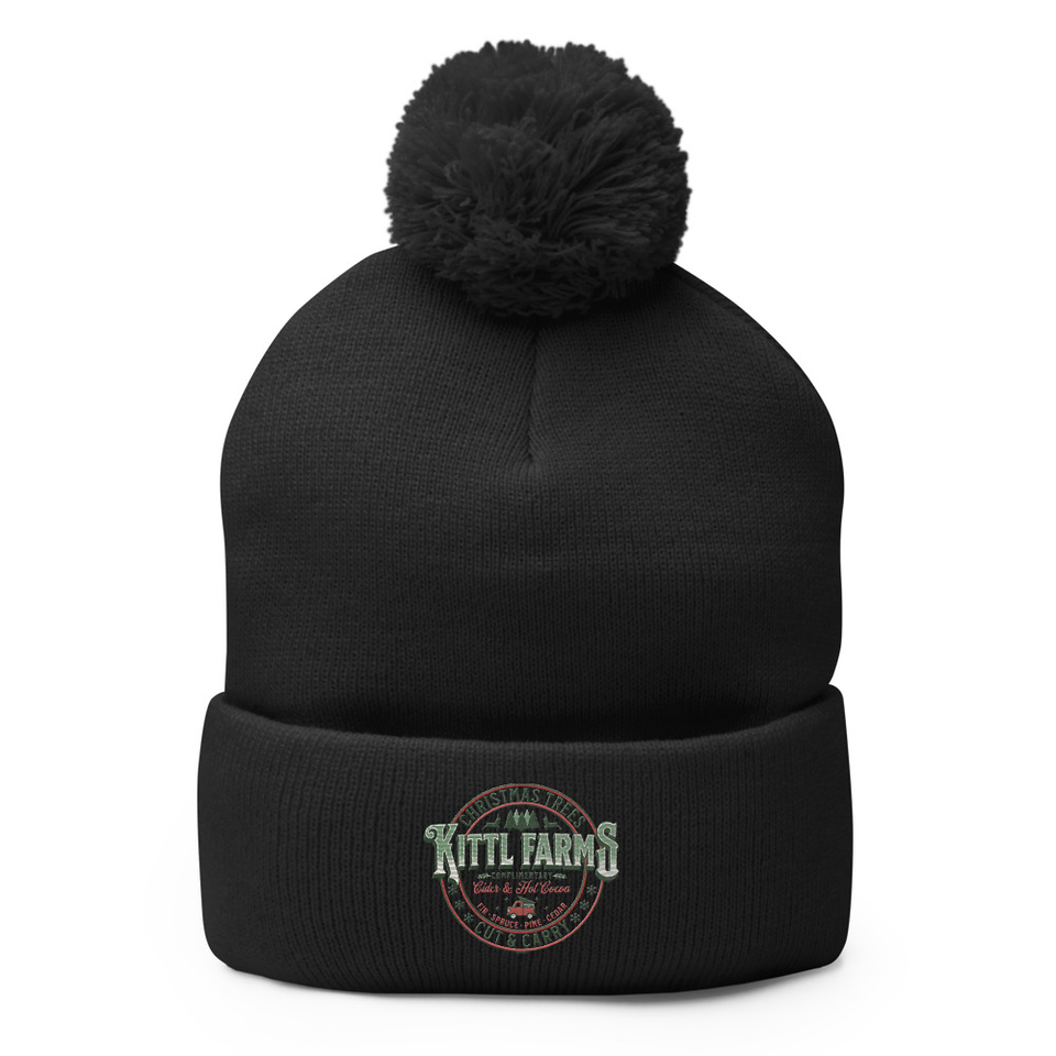 Christmas Tree Farm - Vintage Holiday Badge Pom-Pom Knit Cap
