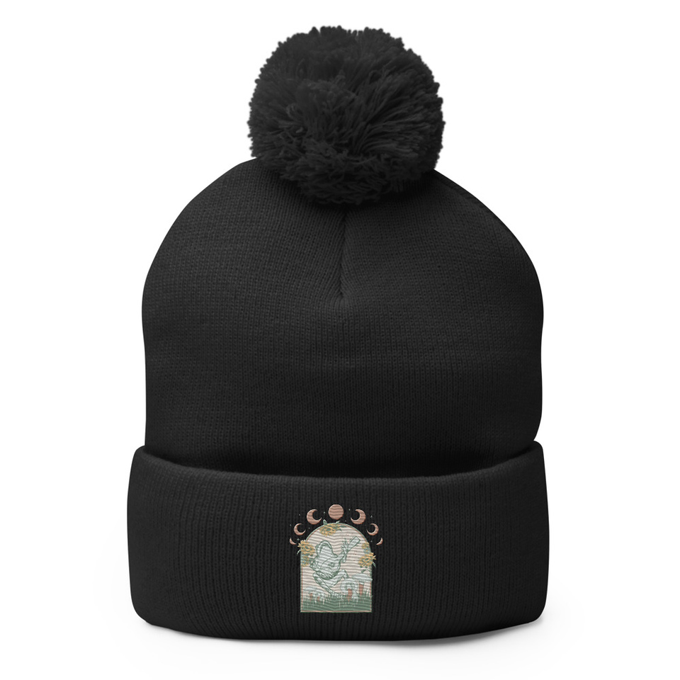 Cottagecore Frog Botanical Pom-Pom Knit Cap