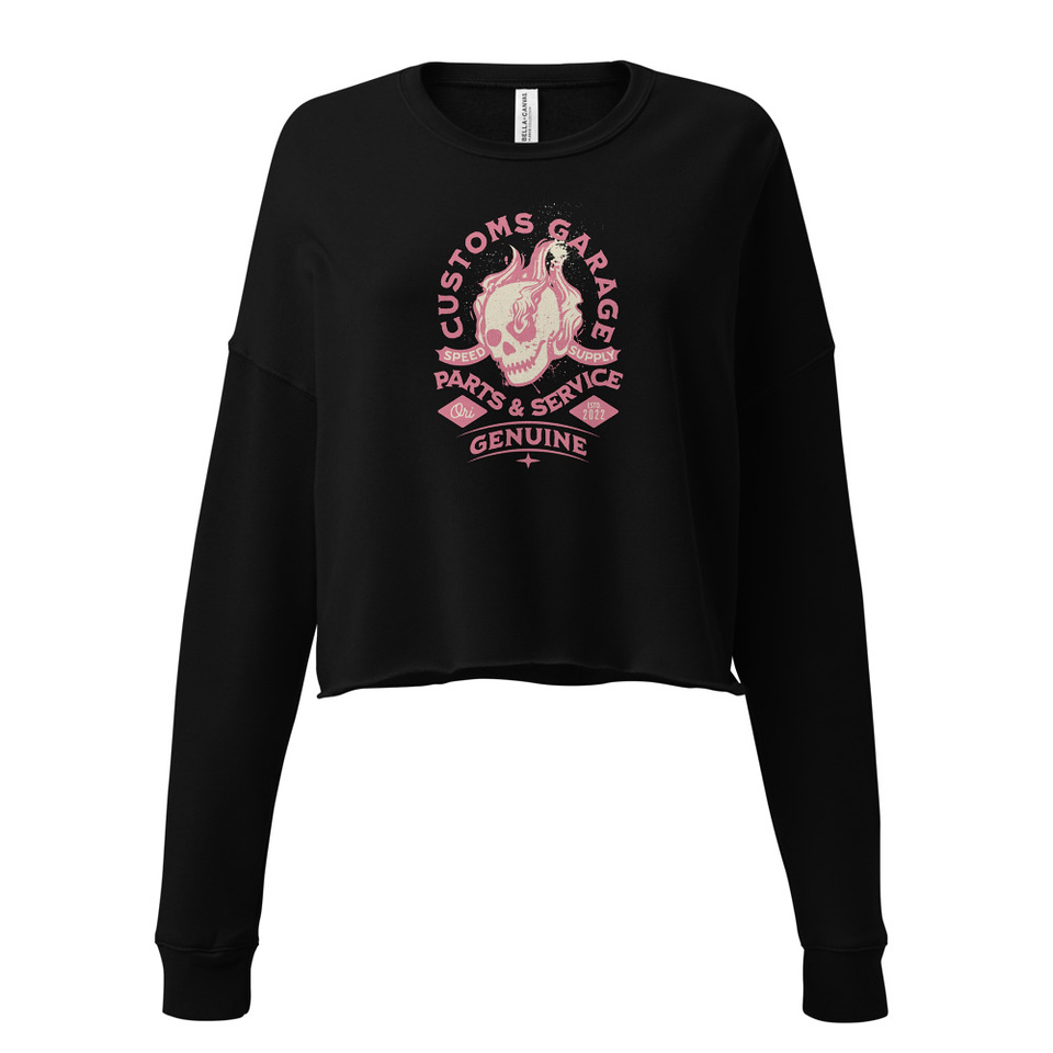 Customs Garage - Flaming Skull Women's Cropped Sweatshirt