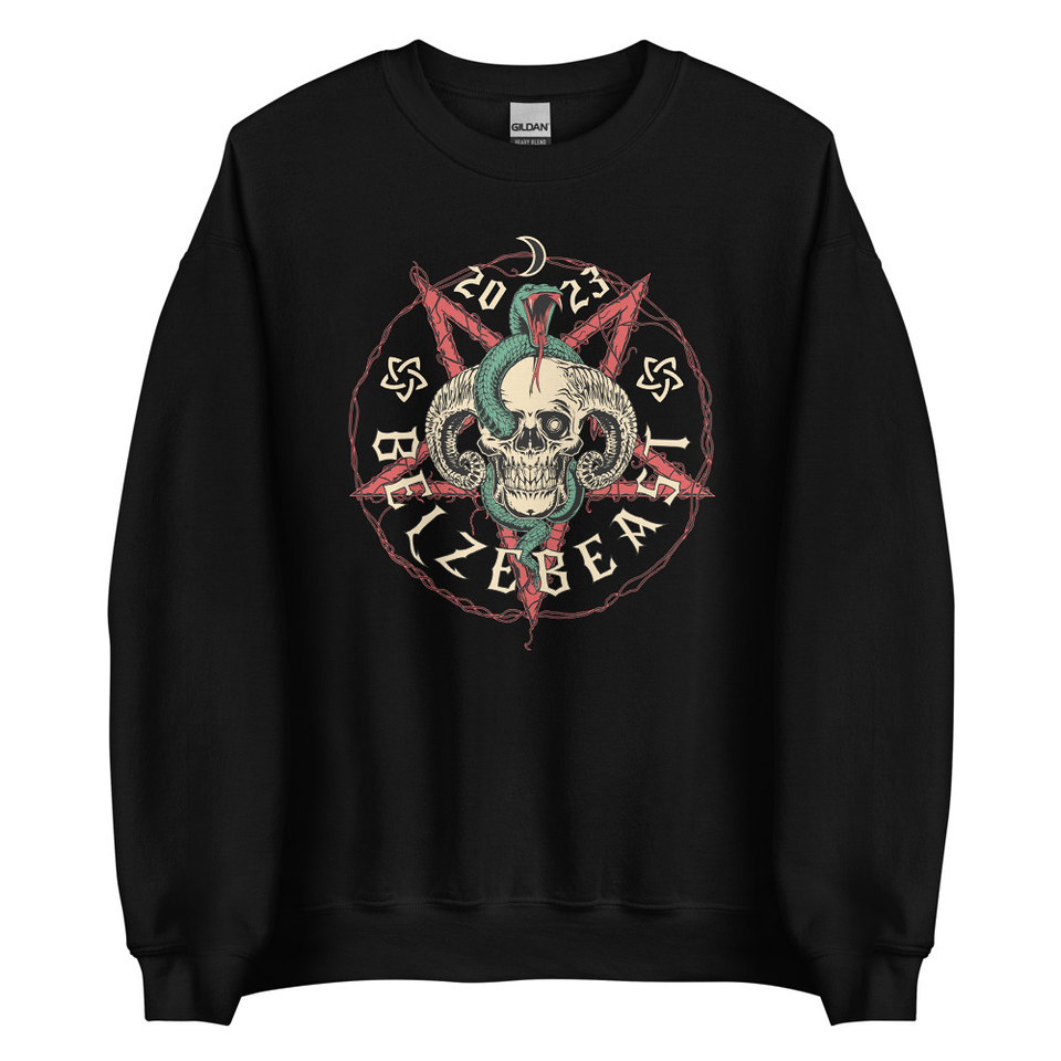 Belzebeast Pentagram - Halloween Skull with Snake Unisex Crew Neck Sweatshirt