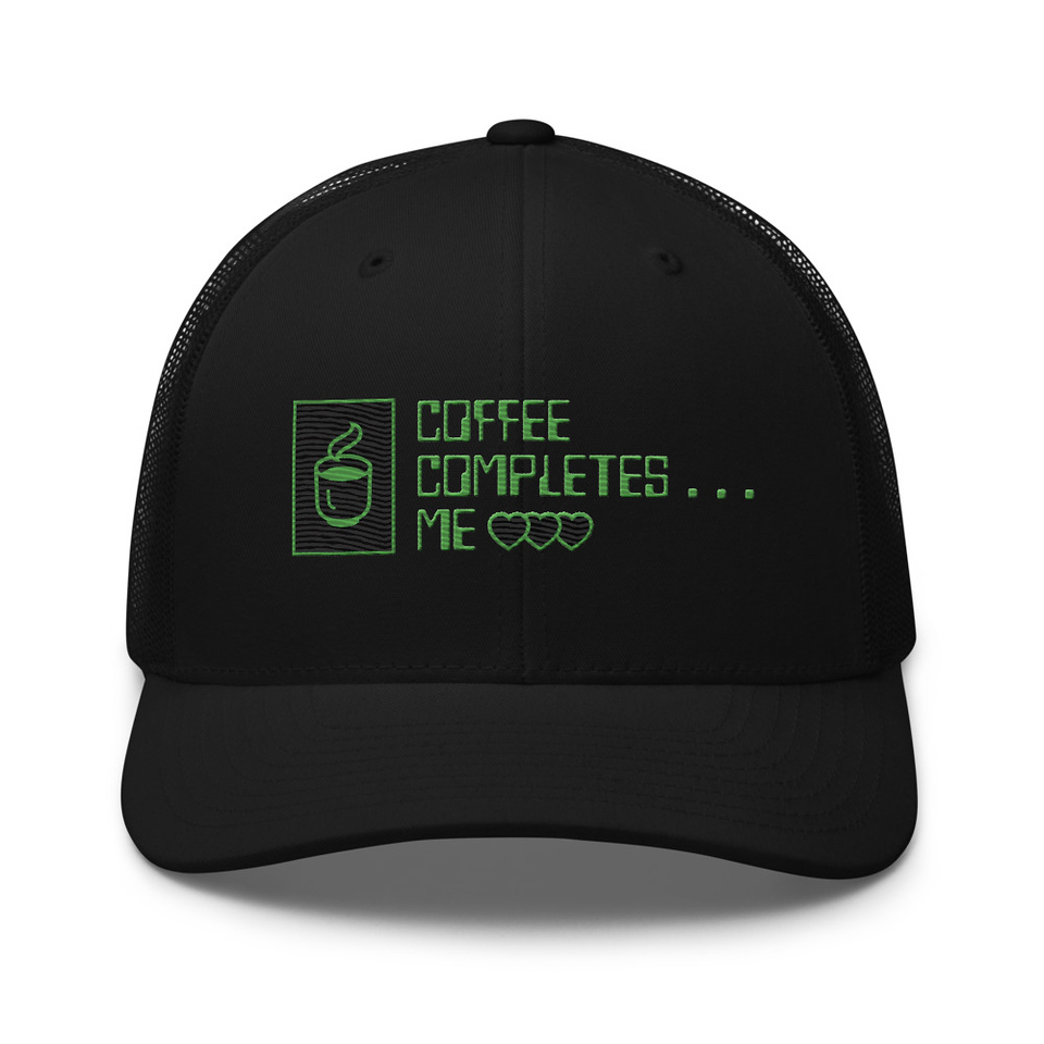 Coffee Completes Me - Neon Heart Retro Trucker Hat
