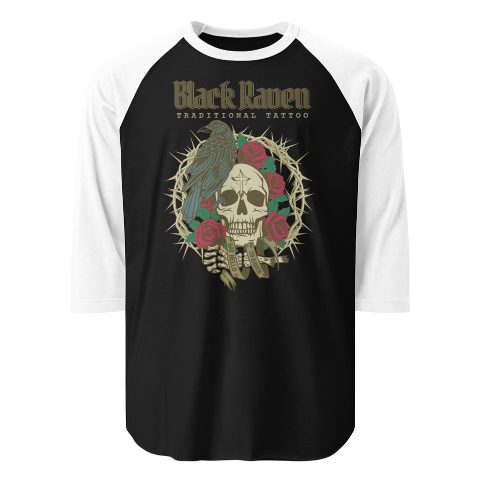 Black Raven Tattoo - Skull & Thorns Unisex 3/4 Sleeve Raglan Shirt