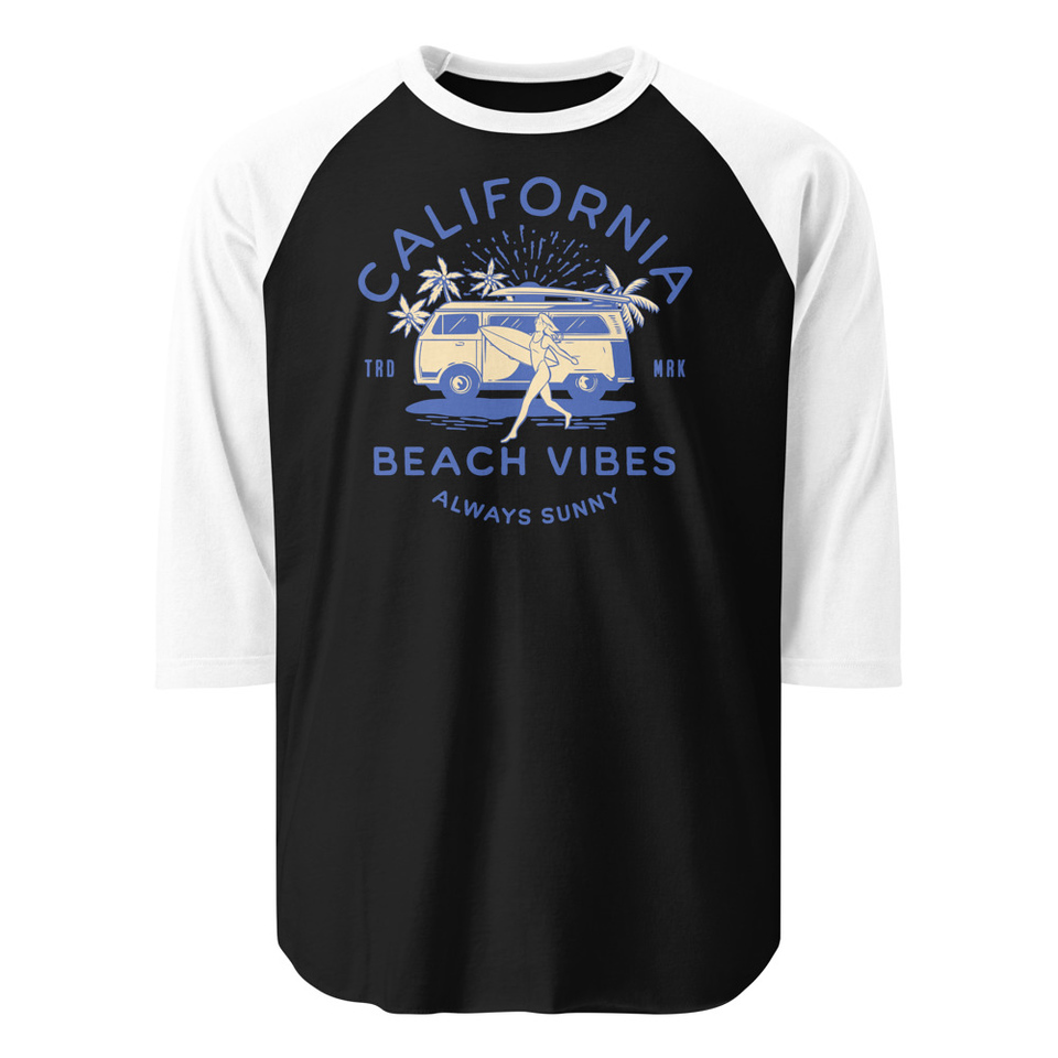 California Beach Vibes - Retro Camper Van Unisex 3/4 Sleeve Raglan Shirt