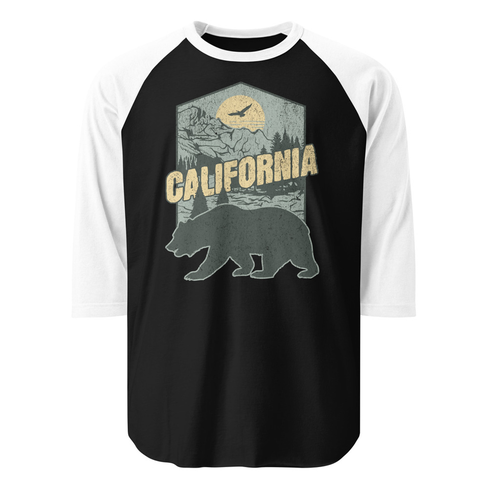 California Bear - Outdoors Wilderness Camping Hiking Unisex 3/4 Sleeve Raglan Shirt