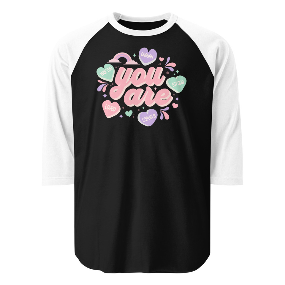 Colorful Self Love Affirmation - Heart Unisex 3/4 Sleeve Raglan Shirt