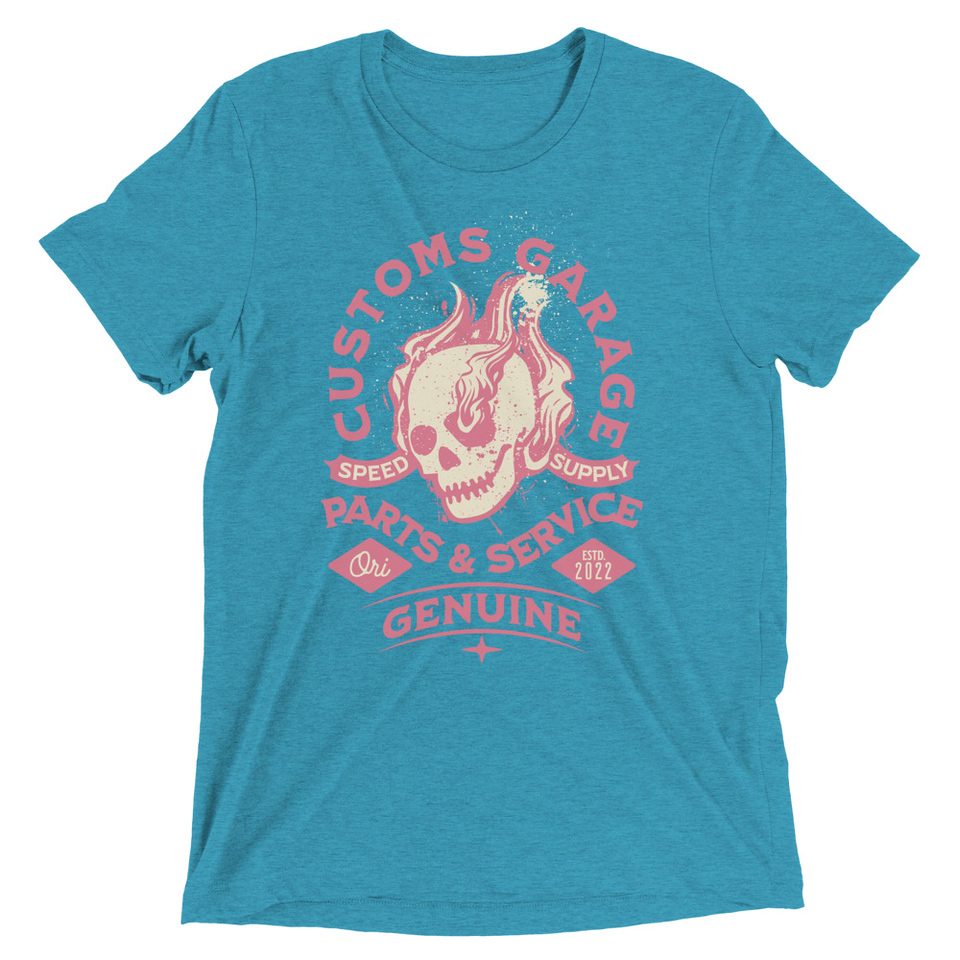 Customs Garage - Flaming Skull Unisex Tri-Blend T-Shirt