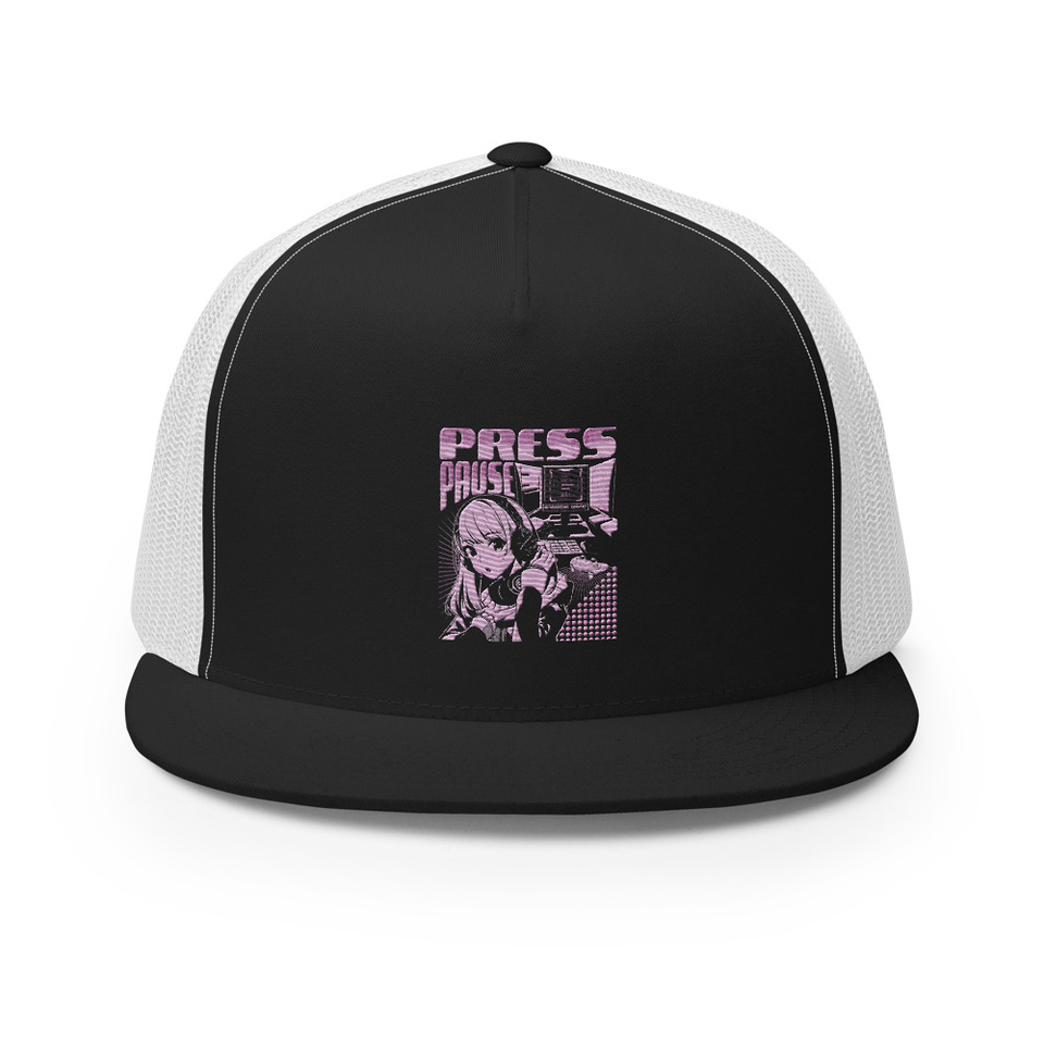 'Press Pause' Anime Gaming 5 Panel Trucker Cap