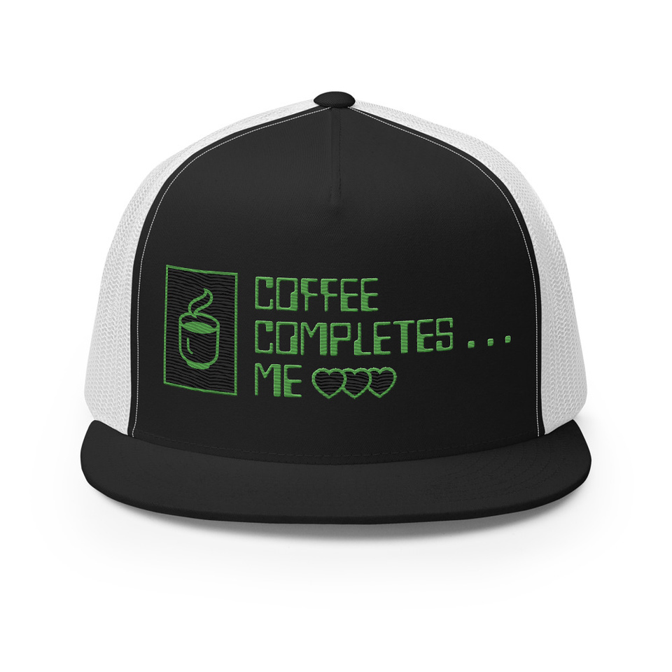 Coffee Completes Me - Neon Heart 5 Panel Trucker Cap