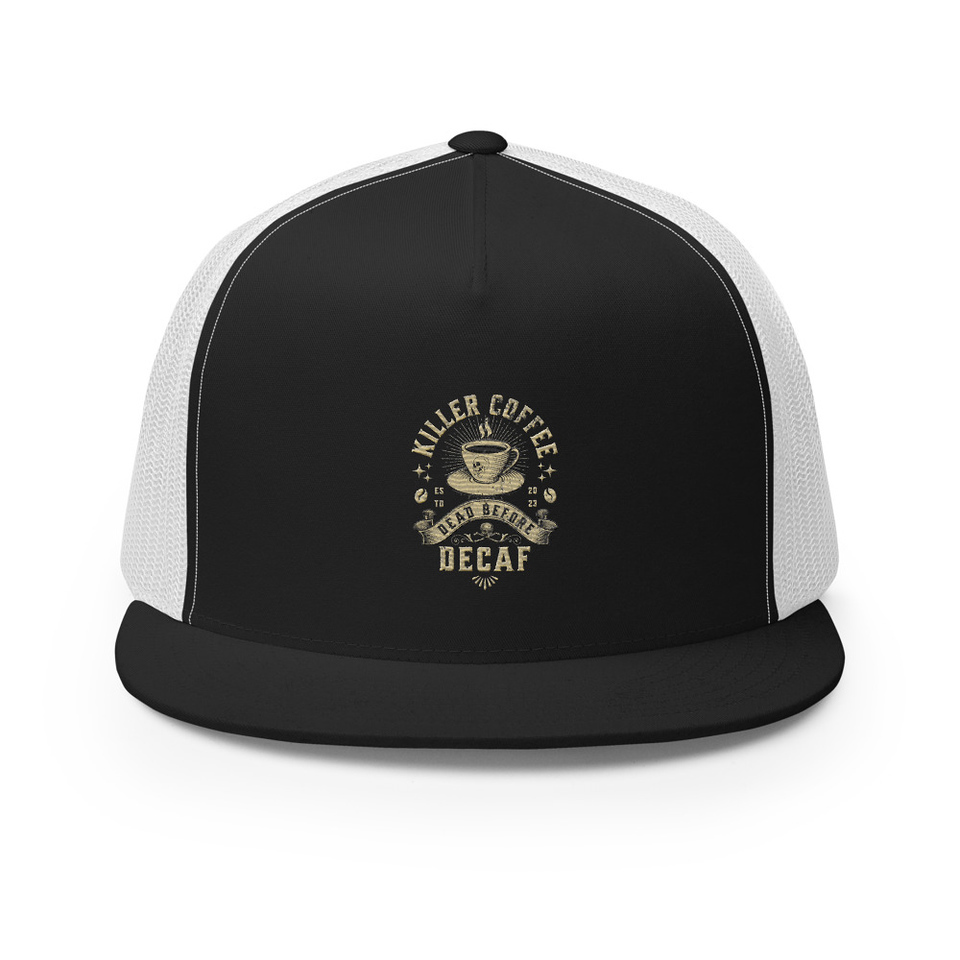 DEAD BEFORE DECAF 5 Panel Trucker Cap
