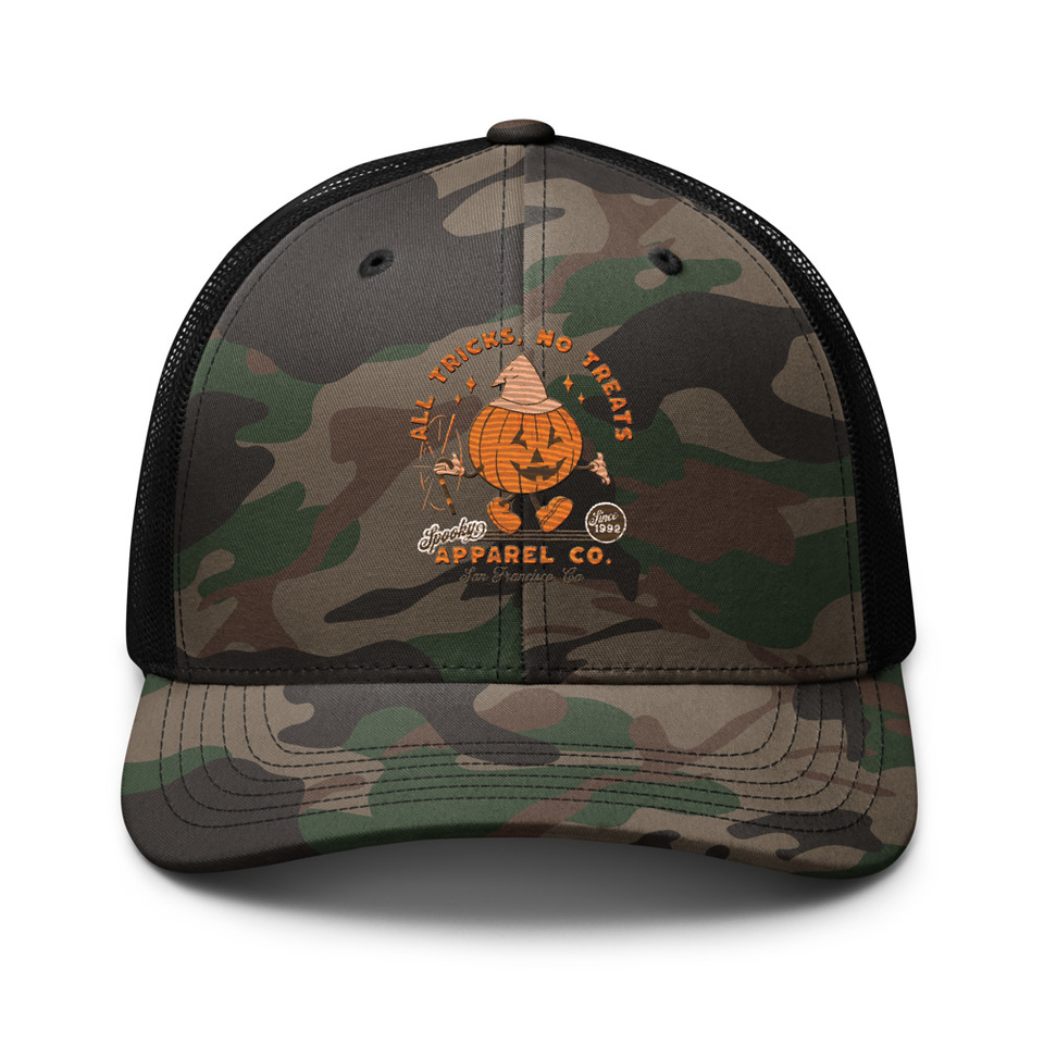 All Tricks No Treats - Pumpkin Mascot Camouflage Trucker Hat