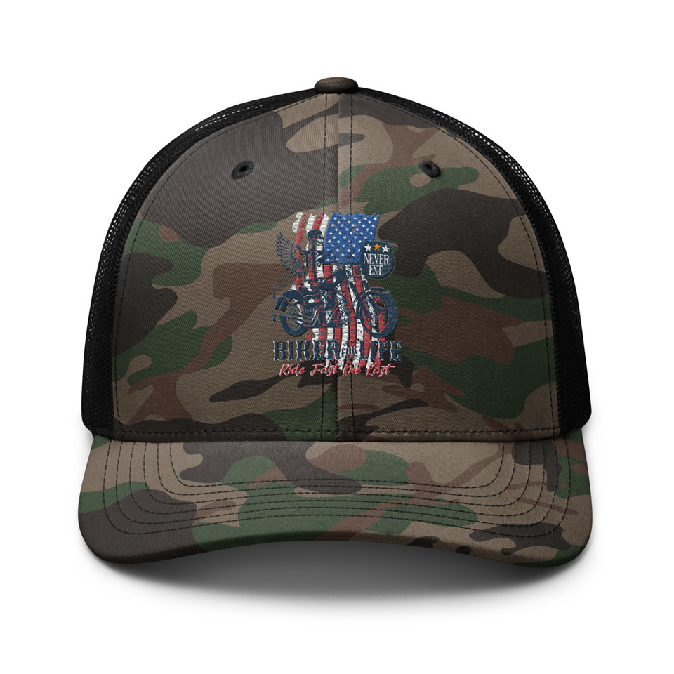 American Biker for Life Camouflage Trucker Hat