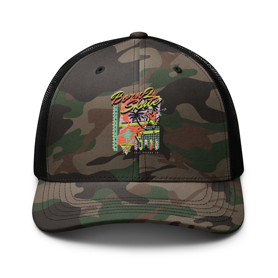 Born 2 Skate - Retro Skeleton Camouflage Trucker Hat