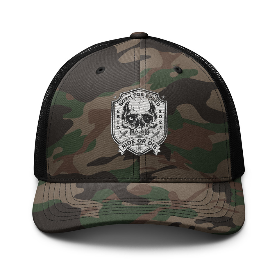 BORN FOR SPEED RIDE OR DIE Camouflage Trucker Hat