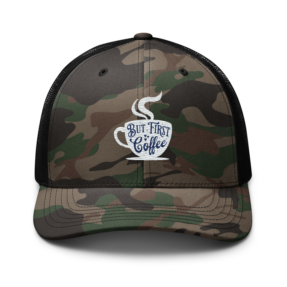 But First Coffee - Hand Lettering Typography Camouflage Trucker Hat