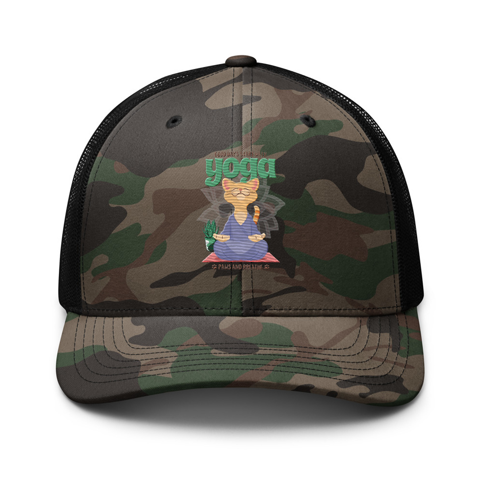 Cat Yoga - Cute Meditation Camouflage Trucker Hat