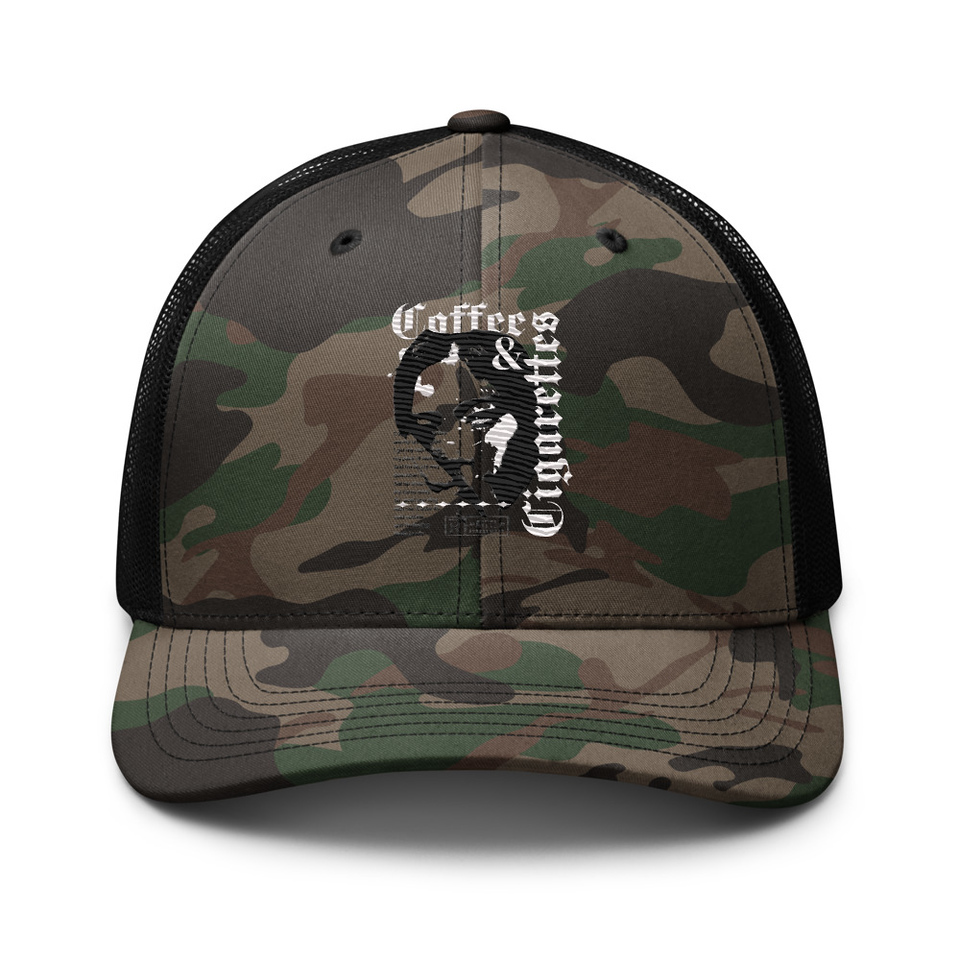 Coffee & Cigarettes Camouflage Trucker Hat
