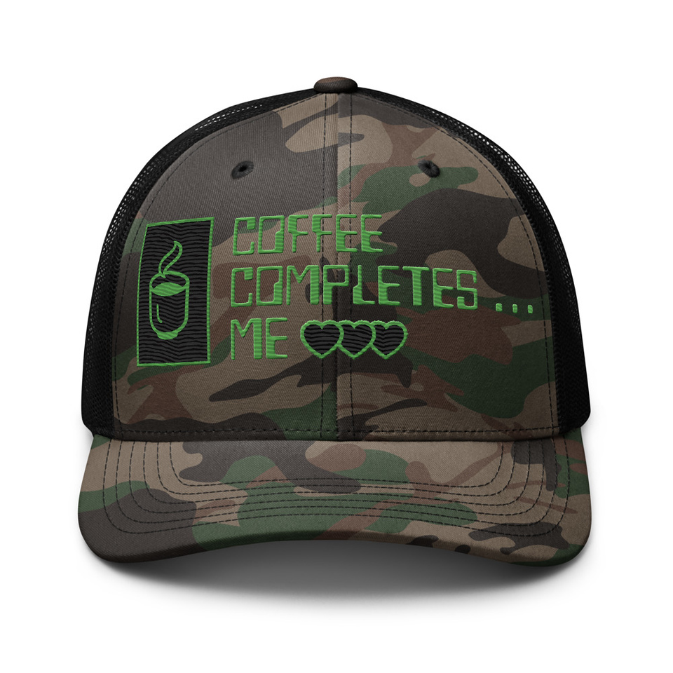 Coffee Completes Me - Neon Heart Camouflage Trucker Hat