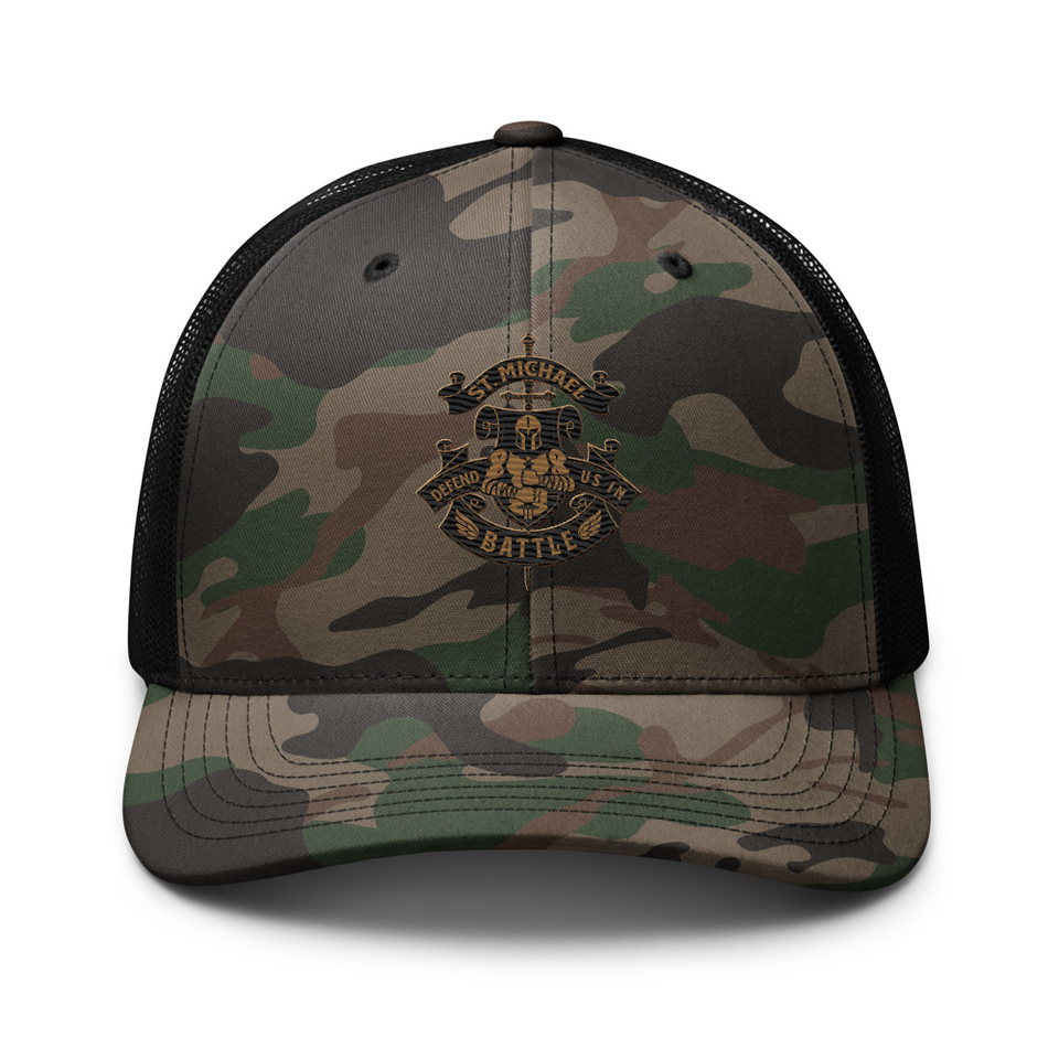 Defend us in battle - Knight with sword Camouflage Trucker Hat