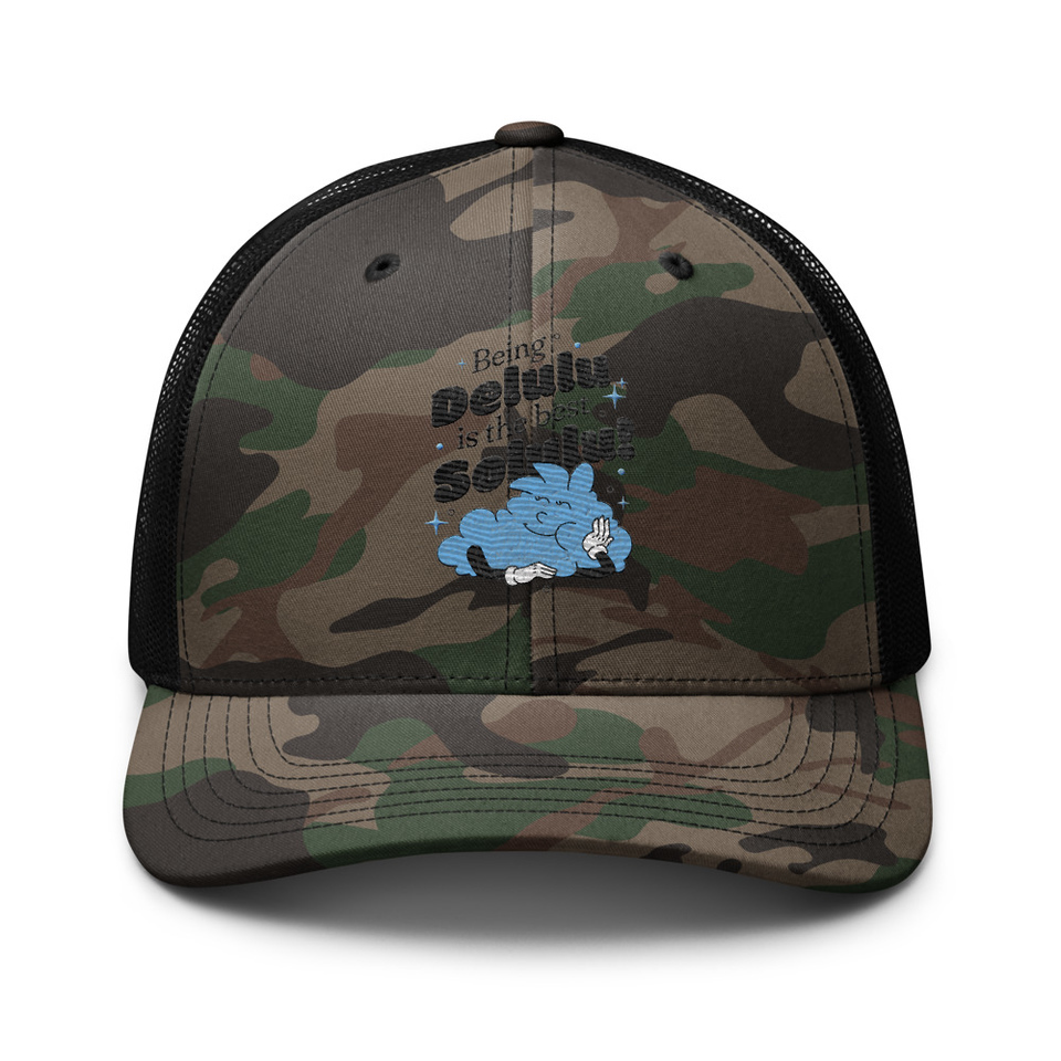 Delulu is the Solulu! - Typographic Cartoon Streetwear Camouflage Trucker Hat