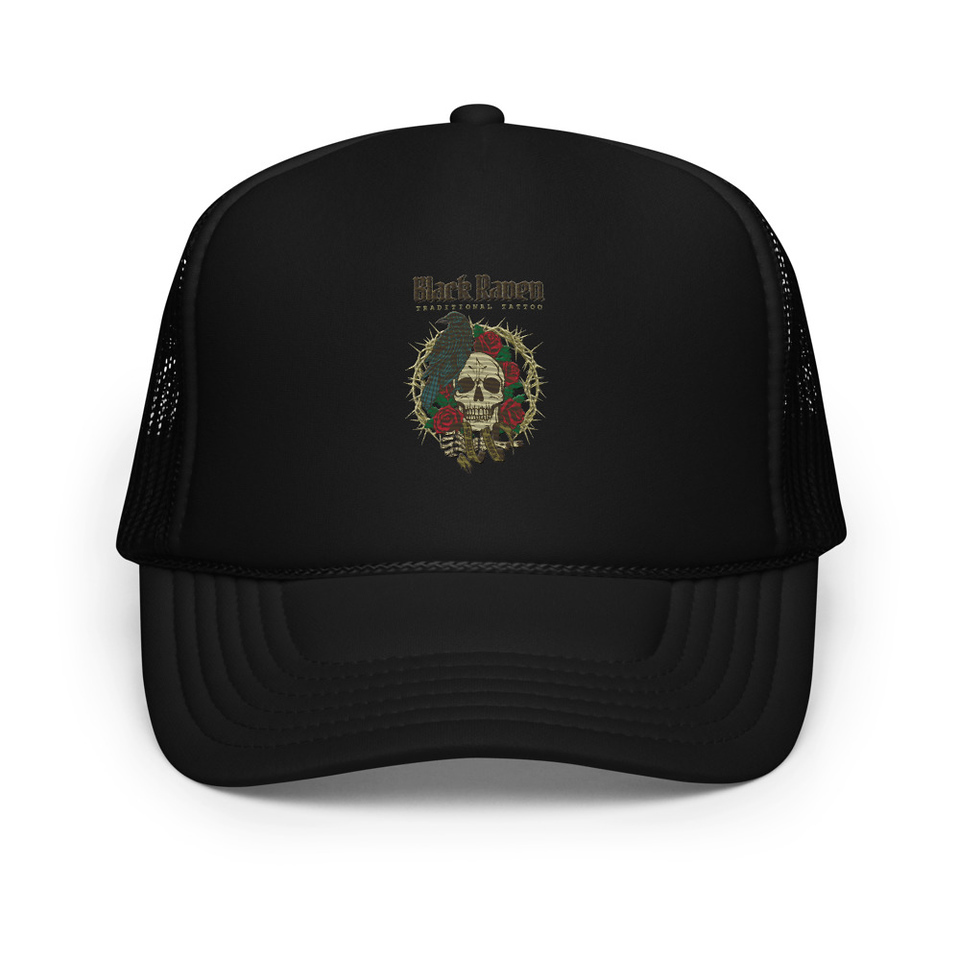 Black Raven Tattoo - Skull & Thorns Foam Trucker Hat