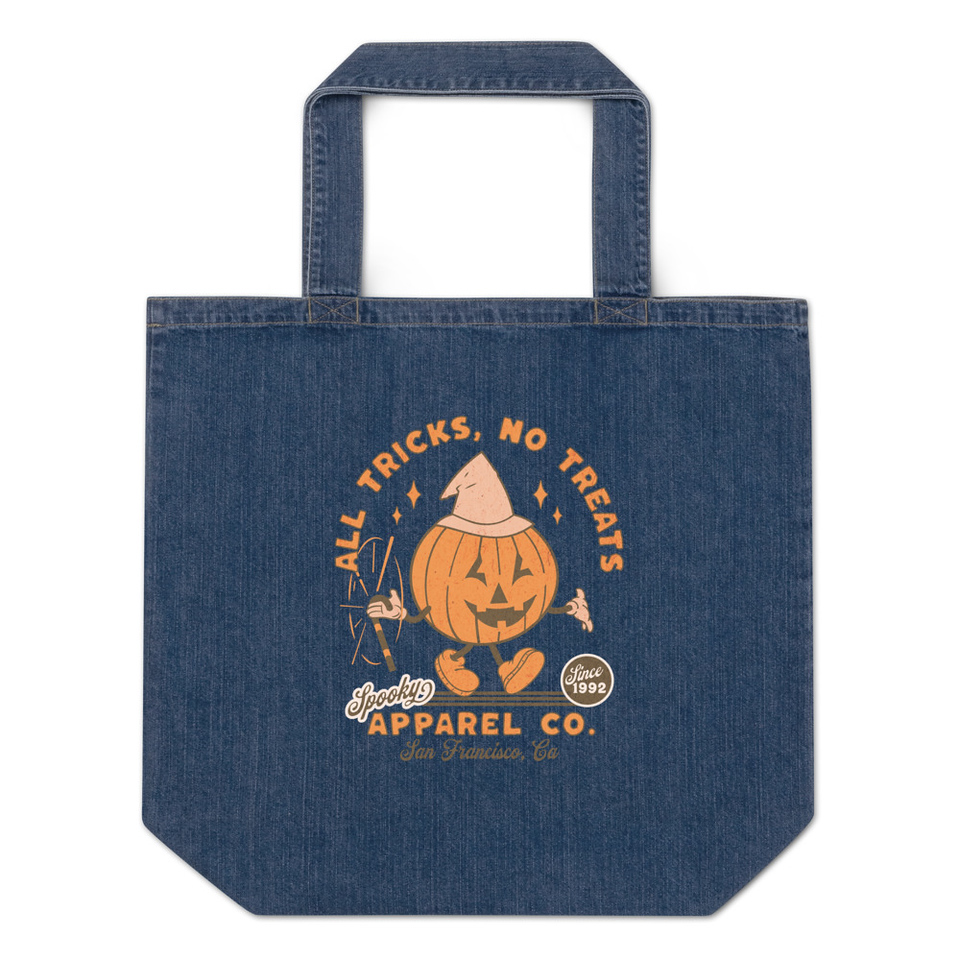 All Tricks No Treats - Pumpkin Mascot Organic Denim Tote Bag