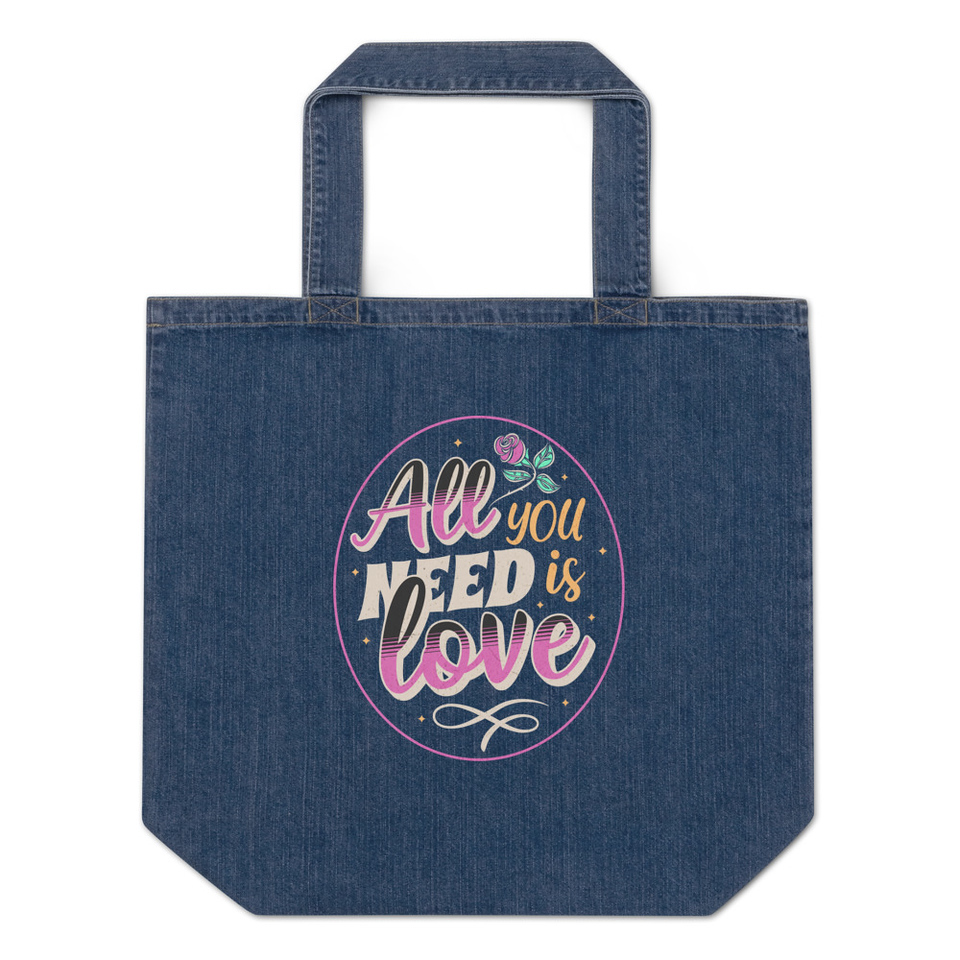 All you Need is Love - Valentines Day Organic Denim Tote Bag