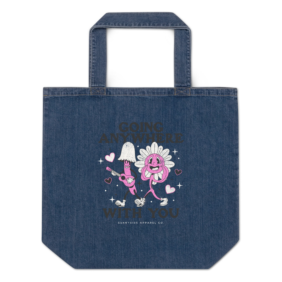 Anywhere With You - Typographic Cartoon Streetwear Organic Denim Tote Bag
