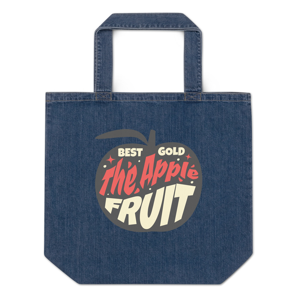 Apple Fruit - Typographic Lettering Organic Denim Tote Bag